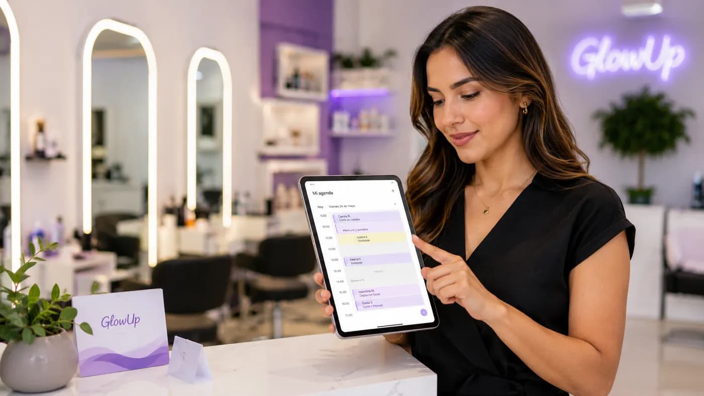 Dueña de un salón revisando la agenda del día en una tablet con GlowUp