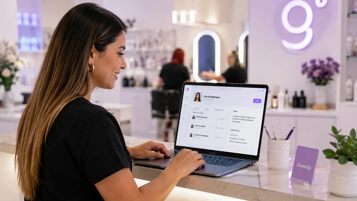 Profesional consultando la ficha y el historial de una clienta en GlowUp