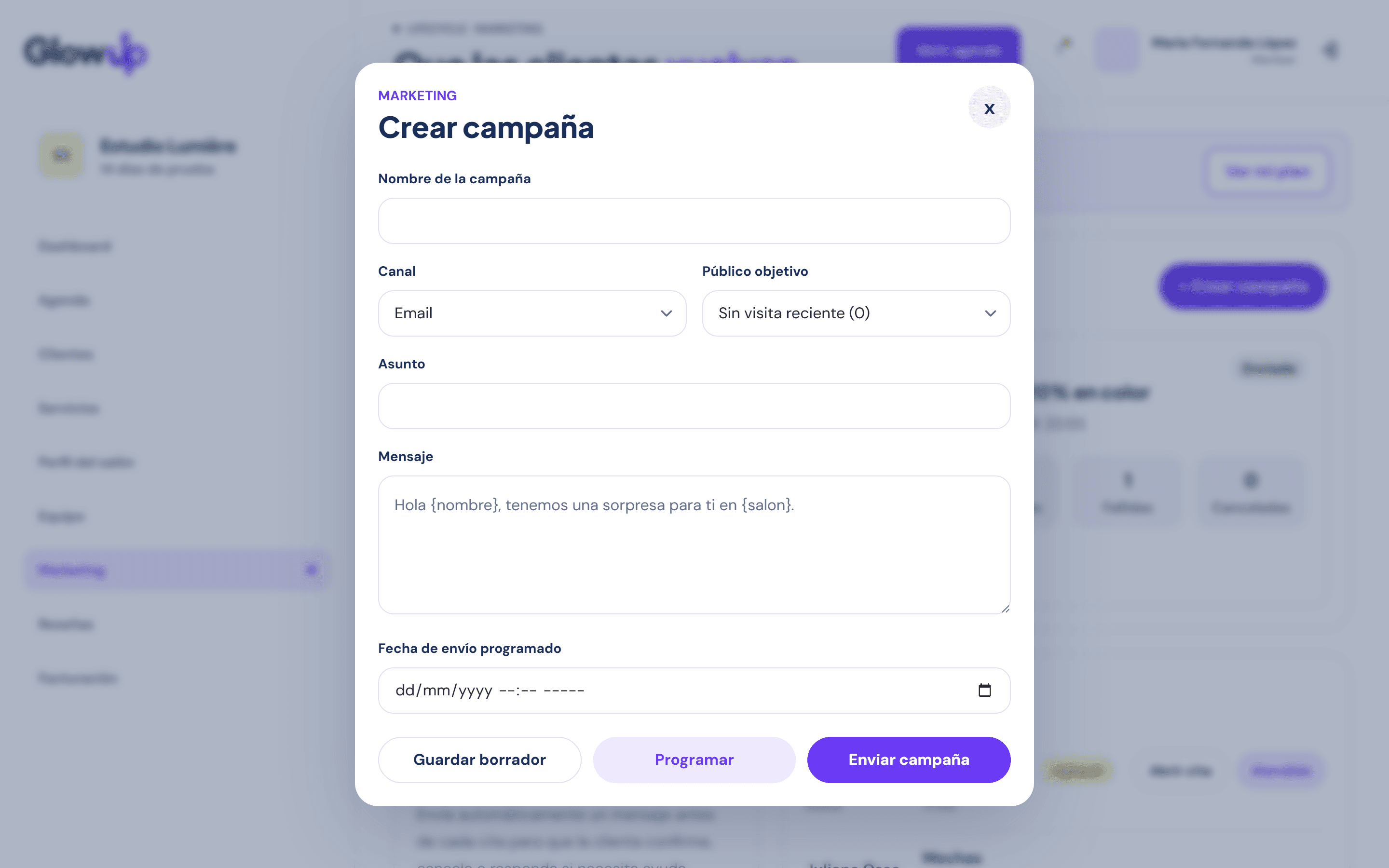 Creación de una campaña de marketing en GlowUp para invitar a las clientas a volver